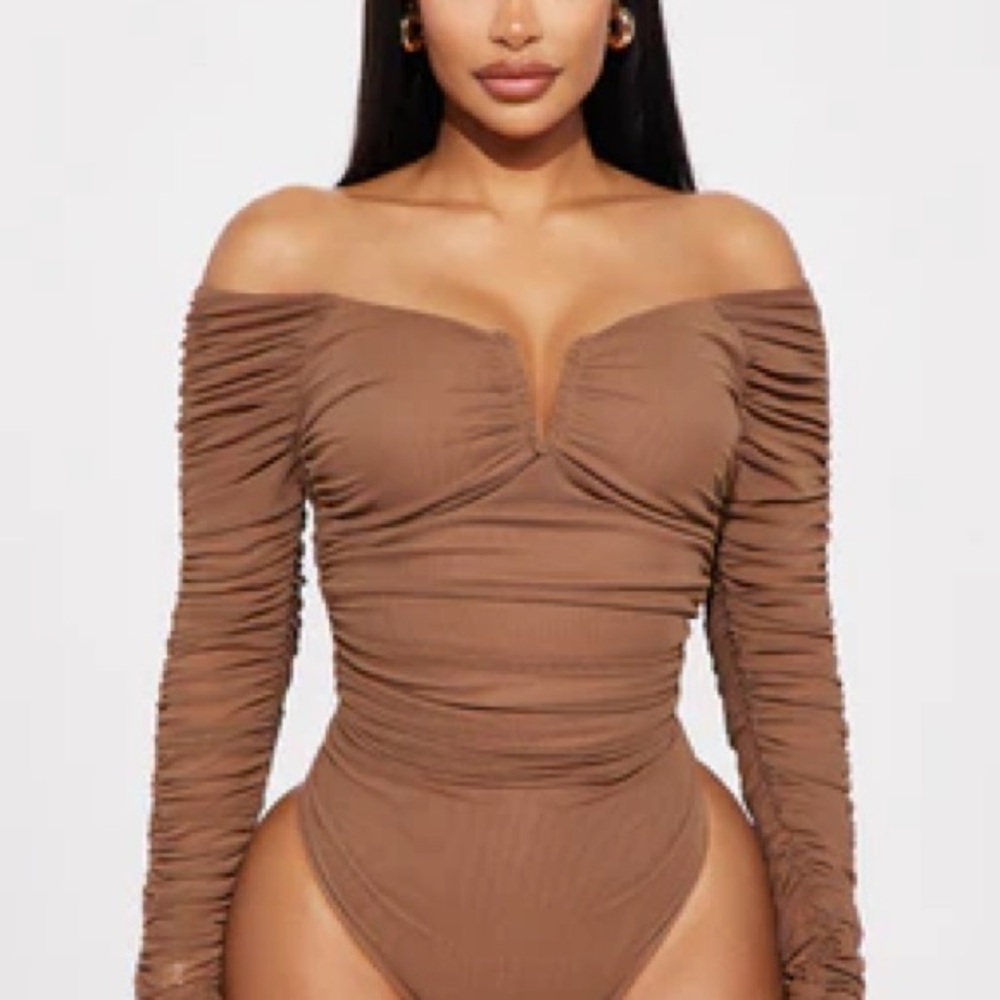 Brown Off-Shoulder Bodysuit- Fashion Nova The Finer Things Mesh Bodysuit- Mocha